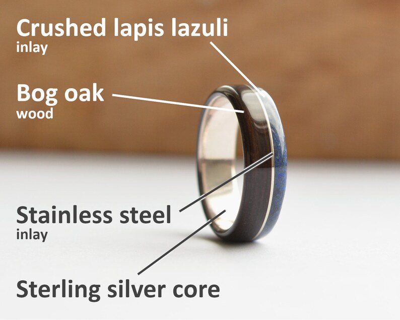 Handmade bog oak wood ring with stainless steel and crushed lapis lazuli inlays on sterling silver core Perfect wood wedding band