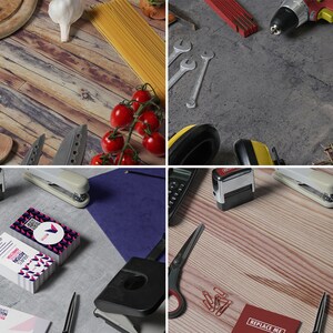 May include: A collage of four images showing different scenes. The top left image shows a wooden surface with vegetables, a knife, and pasta. The top right image shows a grey surface with tools, including a drill, a hammer, and spanners. The bottom left image shows a desk with office supplies, including a stapler, a hole punch, scissors, and business cards. The bottom right image shows a desk with office supplies, including a stapler, a hole punch, scissors, and a red folder with the text "REPLACE ME".