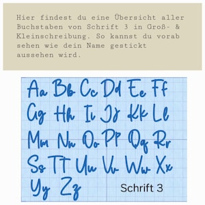 Puede incluir: Un fondo de cuadr&iacute;cula azul muestra el alfabeto en may&uacute;sculas y min&uacute;sculas, mostrando el estilo de fuente "Schrift 3". El texto en la parte superior proporciona informaci&oacute;n sobre la fuente. Las letras est&aacute;n en un estilo cursivo.