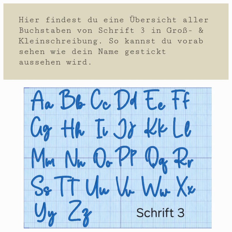 Puede incluir: Un fondo de cuadr&iacute;cula azul muestra el alfabeto en may&uacute;sculas y min&uacute;sculas, mostrando el estilo de fuente "Schrift 3". El texto en la parte superior proporciona informaci&oacute;n sobre la fuente. Las letras est&aacute;n en un estilo cursivo.