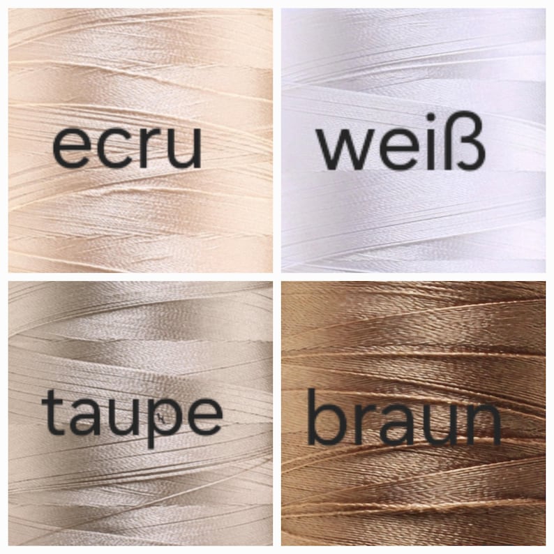 Puede incluir: Un collage de cuatro carretes de hilo de diferentes colores: ecru, blanco, taupe y marr&oacute;n. El nombre de cada color est&aacute; escrito en negrita y en negro en cada carrete: ecru, wei&szlig;, taupe y braun. Perfecto para costura.