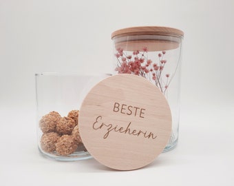 Vorratsglas mit graviertem Holzdeckel Beste Erzieherin (oder Alternative) / Abschiedsgeschenk / Dankeschön /