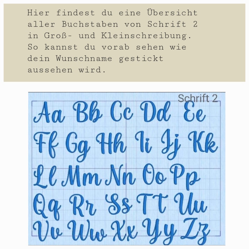 Puede incluir: Un gr&aacute;fico azul del alfabeto en cursiva, etiquetado como "Schrift 2", muestra letras may&uacute;sculas y min&uacute;sculas en una cuadr&iacute;cula. El texto superior explica c&oacute;mo previsualizar nombres bordados. Las letras est&aacute;n en una fuente elegante y fluida.