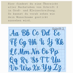 Puede incluir: Un gr&aacute;fico azul de alfabeto cursivo, etiquetado como "Schrift 2", muestra letras may&uacute;sculas y min&uacute;sculas en una cuadr&iacute;cula. El texto superior dice: "Aqu&iacute; encontrar&aacute; una descripci&oacute;n general de todas las letras de la fuente 2 en may&uacute;sculas y min&uacute;sculas."