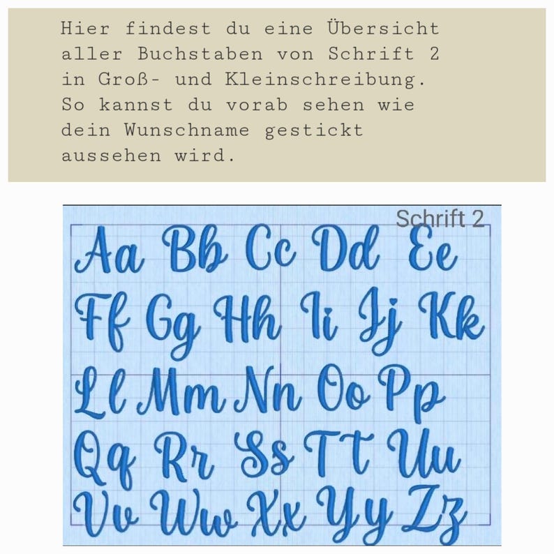 Puede incluir: Un gr&aacute;fico azul de alfabeto cursivo, etiquetado como "Schrift 2", muestra letras may&uacute;sculas y min&uacute;sculas en una cuadr&iacute;cula. El texto superior dice: "Aqu&iacute; encontrar&aacute; una descripci&oacute;n general de todas las letras de la fuente 2 en may&uacute;sculas y min&uacute;sculas."
