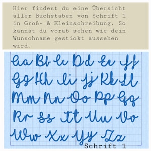 Puede incluir: Un gr&aacute;fico azul del alfabeto en cursiva, que muestra letras may&uacute;sculas y min&uacute;sculas sobre un fondo de cuadr&iacute;cula. El texto en la parte inferior dice "Schrift 1". El texto superior proporciona una descripci&oacute;n general de la fuente.