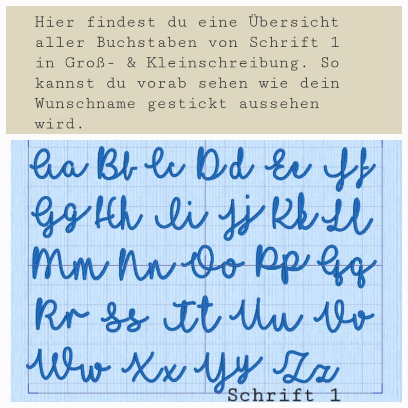 Puede incluir: Un gr&aacute;fico azul del alfabeto en cursiva, que muestra letras may&uacute;sculas y min&uacute;sculas sobre un fondo de cuadr&iacute;cula. El texto en la parte inferior dice "Schrift 1". El texto superior proporciona una descripci&oacute;n general de la fuente.