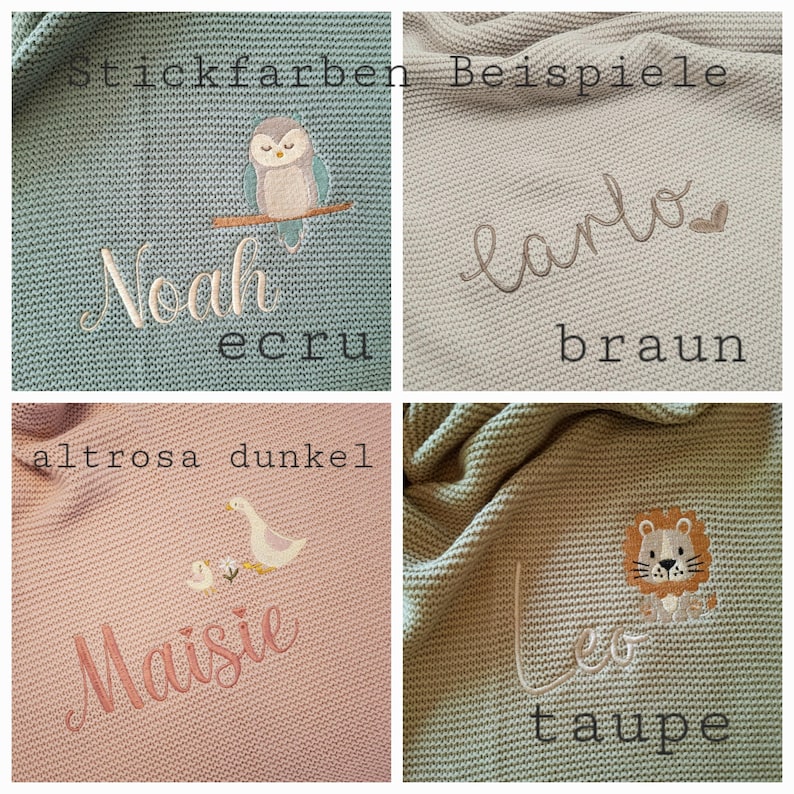 Puede incluir: Cuatro mantas de beb&eacute; tejidas en diferentes colores: verde azulado, beige, rosa y verde oliva. Cada manta presenta detalles bordados, incluido un nombre y un dise&ntilde;o de animal. La manta verde azulado tiene un b&uacute;ho, la beige tiene un nombre, la rosa tiene un ganso y la verde oliva tiene un le&oacute;n.