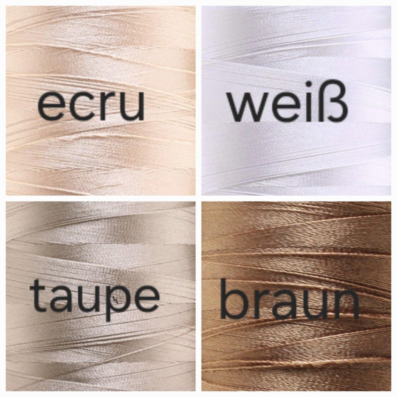 Puede incluir: Un collage de cuatro carretes de hilo de diferentes colores: ecru, blanco, taupe y marr&oacute;n. El nombre de cada color est&aacute; escrito en negrita y en negro en cada carrete: ecru, wei&szlig;, taupe y braun. Perfecto para costura.