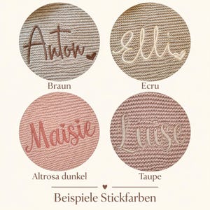 Op de afbeelding: Vier cirkelvormige stalen van gebreide stof met voorbeelden van borduurgarenkleuren. De namen Anton, Elli, Maisie en Luise zijn geborduurd in bruin, ecru, donker oudroze en taupe garen, elk vergezeld van een klein hartvormig icoontje.