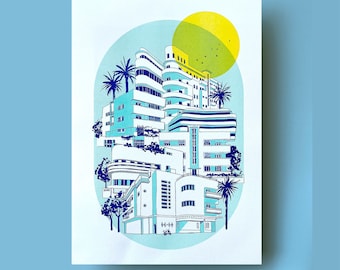 Tel Aviv Bauhaus | high quality risograph print | A3 | 3 colors | prints | art | wall art | riso | illustration | funny | poster