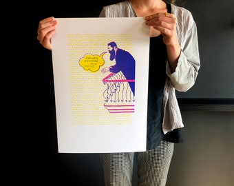 Theodor Herzl | high quality risograph print | 3 colors |  prints | art | wallart | riso | illustration | blue | yellow | pink