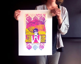 Tel Aviv Juice Stand | high quality risograph print | 3 colors |  prints | art | wallart | riso | illustration | girl drinking | summer