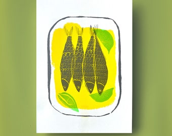 Sardinen | hochwertiger Risograph | DIN A3 | 3 Farben | Drucke | Kunst | Wandkunst | Riso | Illustration | lustig | Plakat