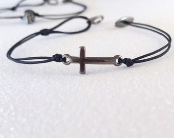 Men Bracelet Cross, Gun Metal Charm Cross Bracelet Cord Adjustable, Gift for Men