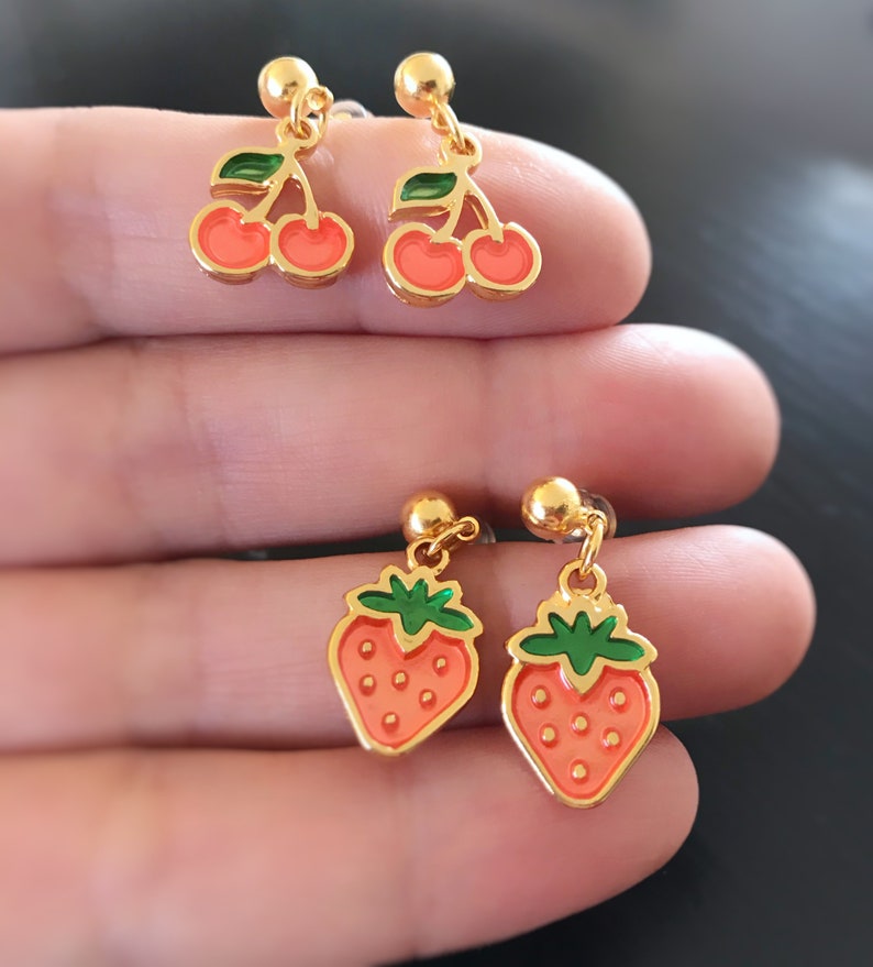 strawberry,Earrings enamel pendant Gift for girls Earrings 24k gold plated charm cherry