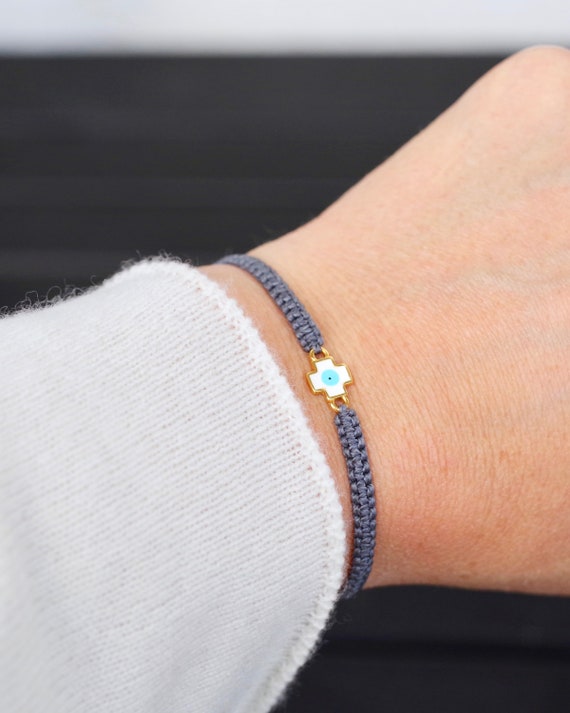 Bracciale Donna A Croce In Argento Fatto A Mano – Regolabile Con Nodo Macramè Nero – Confezione Regalo