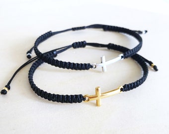Silver Cross Bracelet Mens, Braided Cord Adjustable Option, Christian Catholic Jewelry