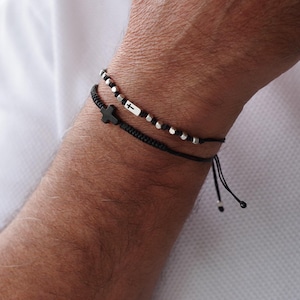 Mens Black Cross Bracelet Set, Adjustable Silver Beads