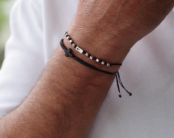 Silver Cross Bracelet, Black Cross Adjustable Cord Bracelets Set