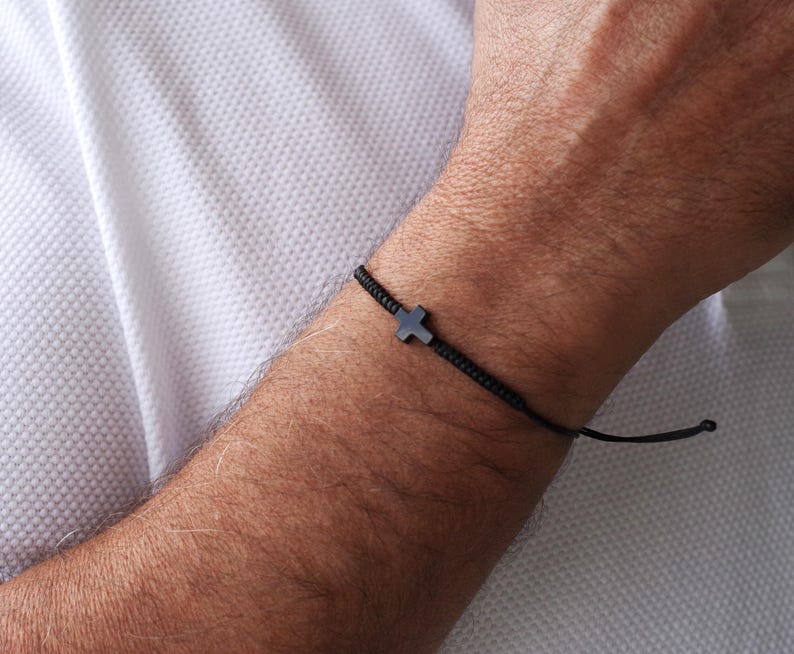 Black Cross Bracelet, Waterproof Cord Bracelet, Adjustable Black String Bracelet, Handmade Minimalist Jewelry, Gift for Him or Her | Handmade in Greece | Black cross charm