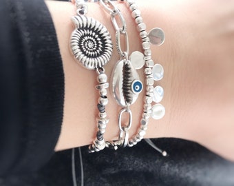 Set of 3 Bracelets, Cowrie Shell Bracelet for Women, Nautilus, Clam shell Bracelet charm, Personalised gift for her
