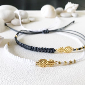 Pineapple Charm Anklet, Braided Cord Bracelet, Gold Beads Bracelet Silver Plated, Friendship