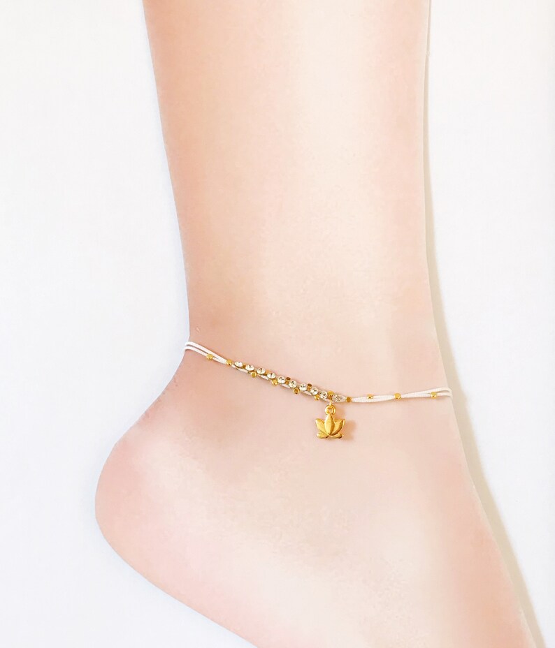Lotus Anklet White Crystal Beads Anklet Cord Wedding Beach Etsy