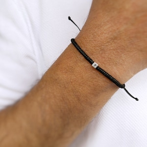 Stylish Mens Bracelet - Braided Wax Cord with Square Bead and Cross Imprint, Gift for Him