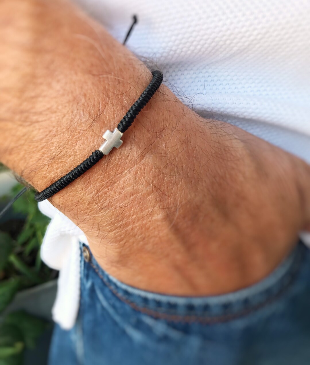 Silver Cross Bracelet Braided Black Cord, Christian Bracelet Mens
