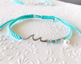 Silver Waves Anklet with Natural Pearl, Gold Wave Anklet Turquoise Cord Adjustable, Gift for Friends