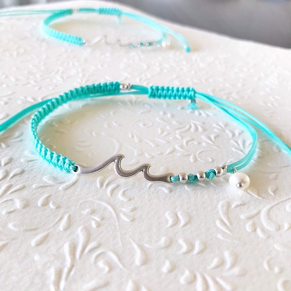 Silver Waves Anklet White Pearl, Gold Wave Anklet Turquoise Cord Adjustable, Gift for Friends