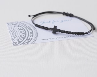 Cross Bracelet Mens, Black Cord Bracelet Cross Stone, Protection Bracelet Gift for Him