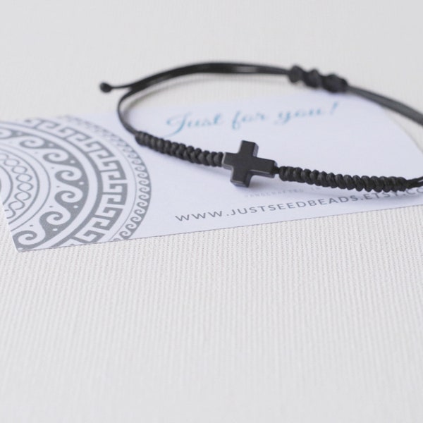 Cross Bracelet Mens, Black Cord Bracelet Cross Stone, Protection Bracelet Gift for Him