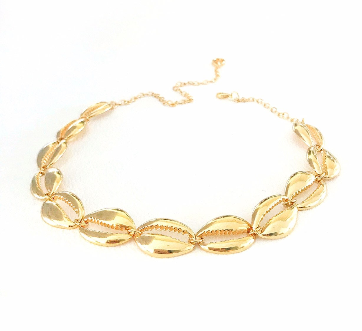 Gold Cowrie Shell Choker 24K Plated Brass Charms Necklace, Festival Jewelry