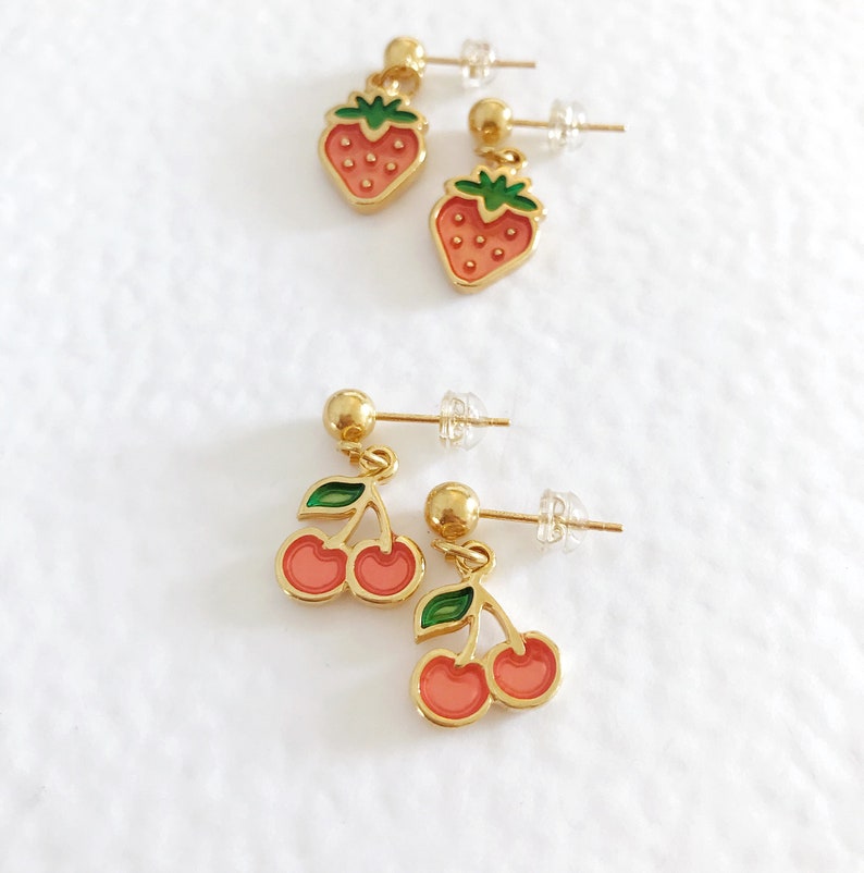 strawberry,Earrings enamel pendant Gift for girls Earrings 24k gold plated charm cherry