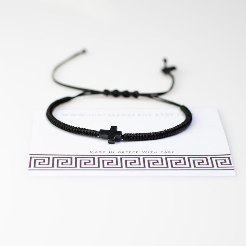 Cross Bracelet for Men, Black Cross Bracelet Cord Adjustable, Bracelet Handmade in Greece