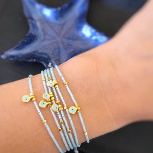 Turquoise seed beads bracelet cord adjustable, Evil eye charm bracelet, Minimalist style bracelet for women