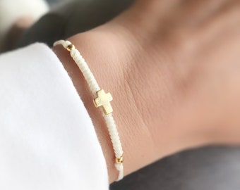 Bracelet Gold Cross, Braided Bracelet  with Silver Cross Charm, Unisex Bracelet, Gift for Friends