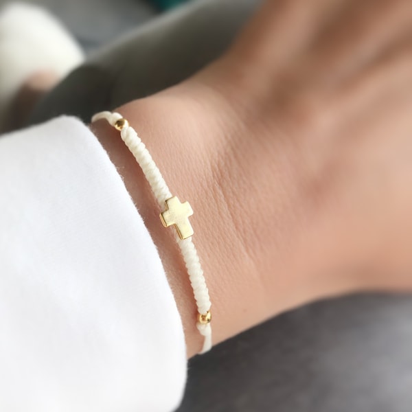 Bracelet Gold Cross, Braided Bracelet  with Silver Cross Charm, Unisex Bracelet, Gift for Friends
