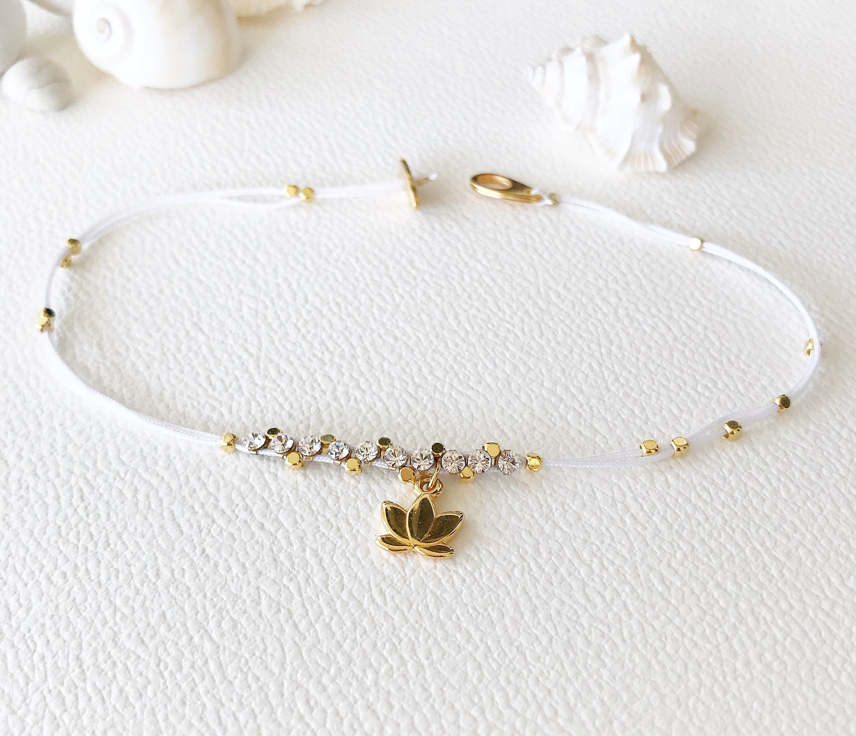 Lotus Anklet White Crystal Beads Anklet Cord Wedding Beach Etsy