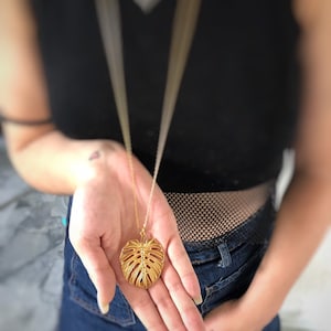 Monstera Leaf Necklace, Long Necklace Gold Leaf Pendant 24K Gold Plated, Gift for Women