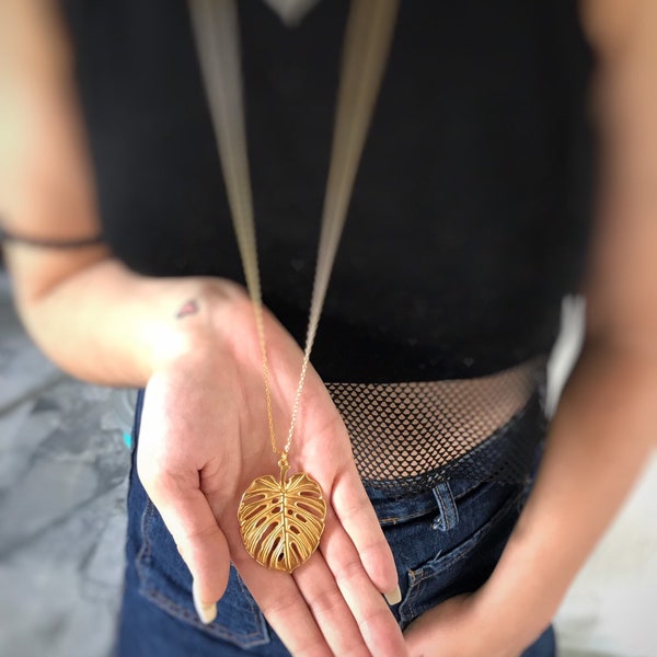 Monstera Leaf Necklace, Long Necklace Gold Leaf Pendant 24K Gold Plated, Gift for Women