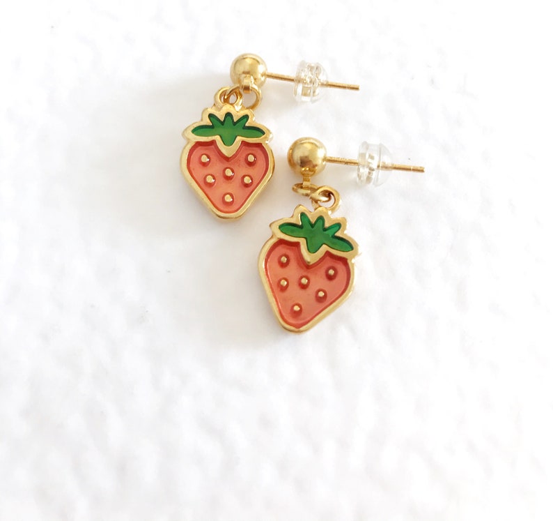 strawberry,Earrings enamel pendant Gift for girls Earrings 24k gold plated charm cherry
