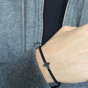 Cross Bracelet Mens Black Stone Charm, Adjustable Protection Bracelet Cord image 4
