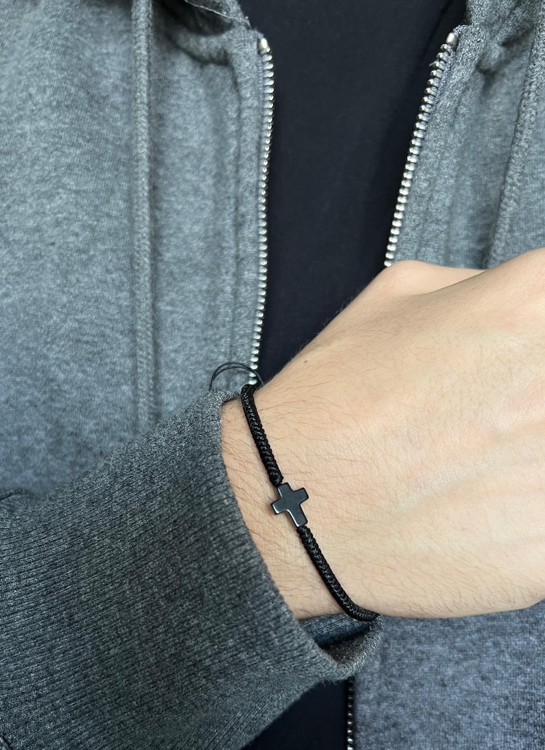 Cross Bracelet Mens Black Stone Charm, Adjustable Protection Bracelet Cord image 4