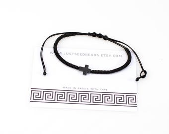 Cross Bracelet Mens Black Stone Charm, Adjustable Protection Bracelet Cord