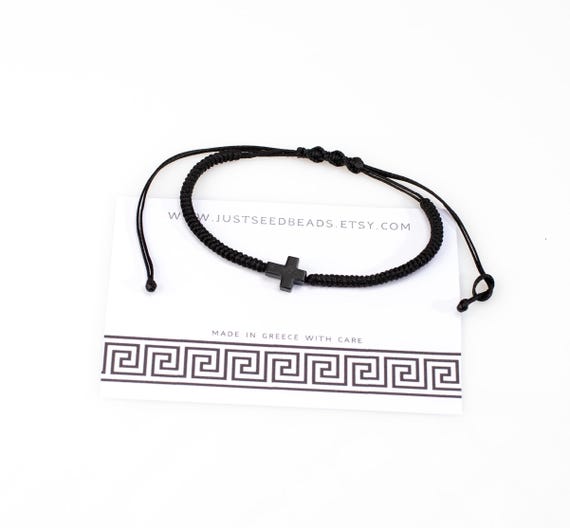 Cross Bracelet Mens Black Stone Charm, Adjustable Protection Bracelet Cord
