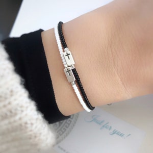 Cross Bracelet Seed Beads White, Bracelet Cord Adjustable, Bracelet for Women