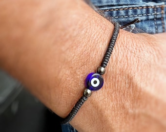 Evil Eye Bracelet for Men, Braided Bracelet Black Cord, Gift for Him